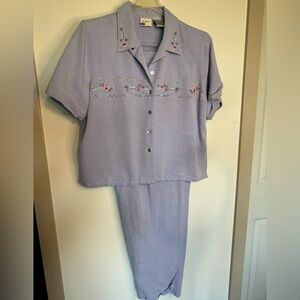 Koret VINTAGE 2 Pc. Embroidered Periwinkle Petite Medium Linen Blend Set